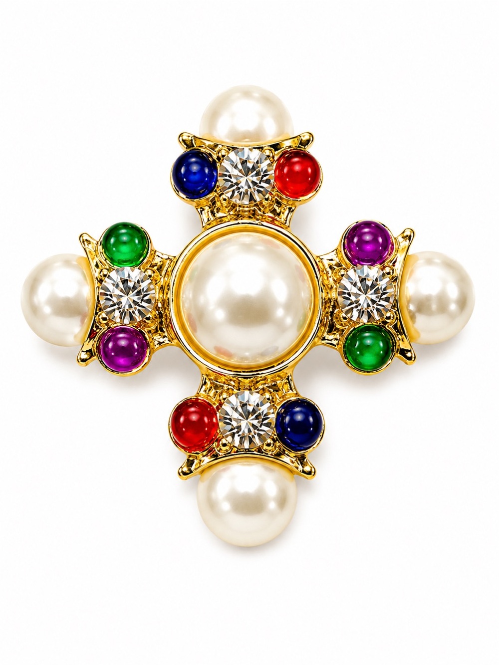 NWT Gold Tone Cross Brooch Faux Pearls Multicolor Rhinestones
